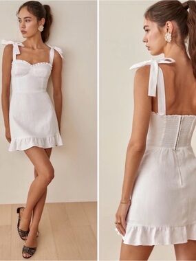 Reformation White Linen Tie-Shoulder Mini Dress